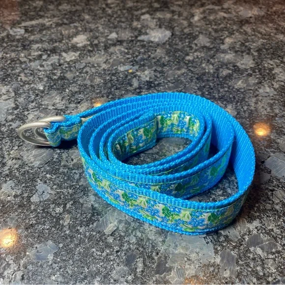 L.L. Bean D-ring Canvas Belt Floral Ribbon Cornflower Blue Silver Buckle Sz M - Picture 2 of 6